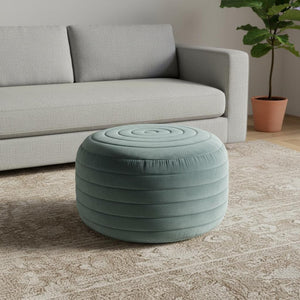 HomeRoots 20" Blue Velvet Round Pouf Ottoman - Stylish, Versatile Footrest & Extra Seat for Any Room Decor 638535