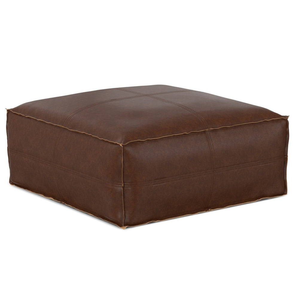 HomeRoots 30" Brown Faux Leather Pouf Ottoman - Versatile Multi-Purpose Footrest and Extra Seating Solution 638536