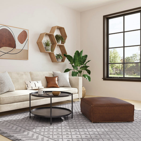 HomeRoots 30" Brown Faux Leather Pouf Ottoman - Versatile Multi-Purpose Footrest and Extra Seating Solution 638536
