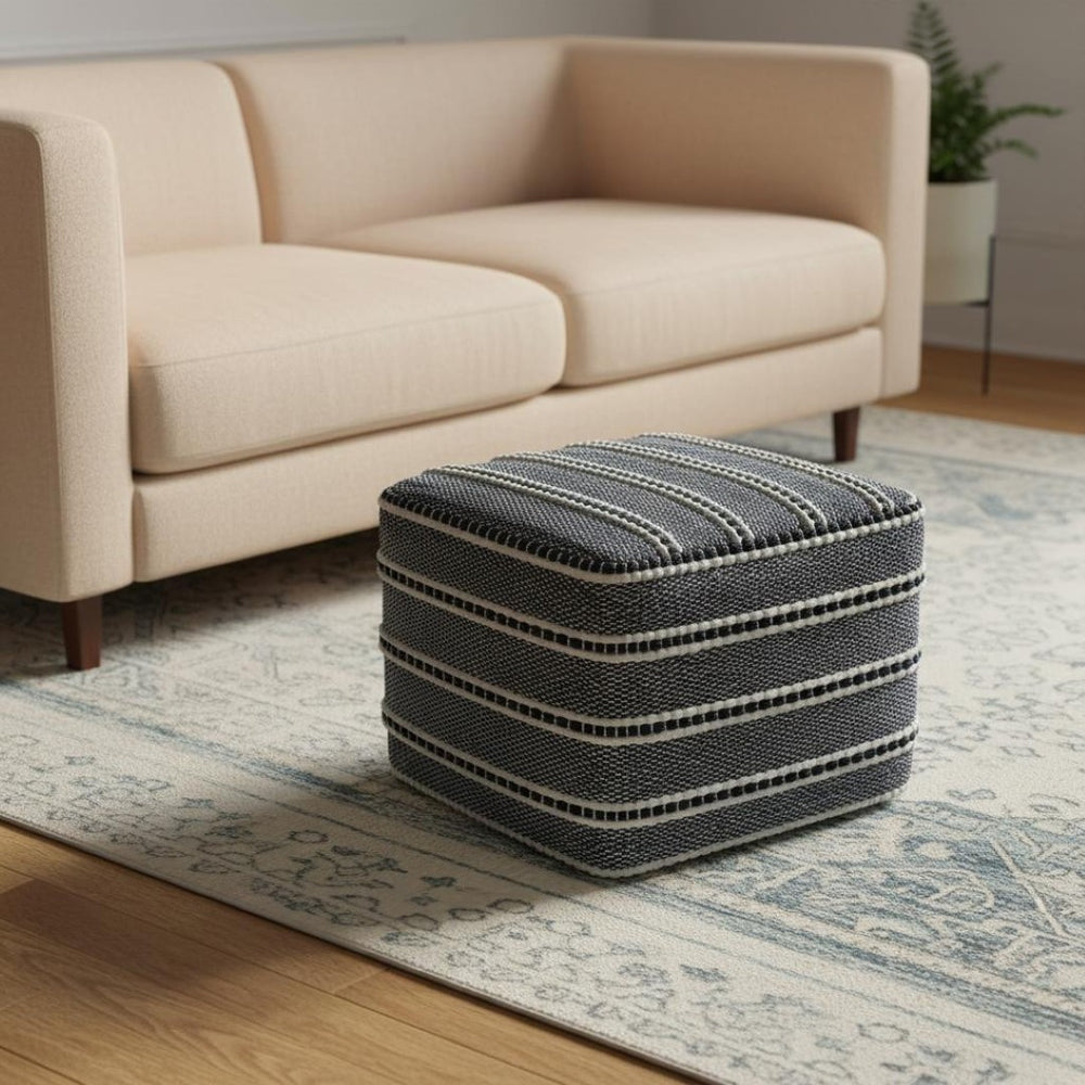 HomeRoots 18" Blue Fabric Pouf Ottoman - Versatile, Stylish Footrest & Extra Seat for Modern Bohemian Spaces 638539