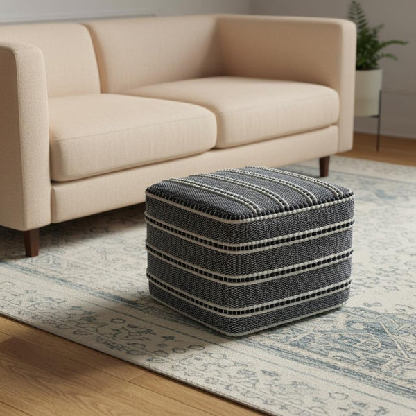HomeRoots 18" Blue Fabric Pouf Ottoman - Versatile, Stylish Footrest & Extra Seat for Modern Bohemian Spaces 638539