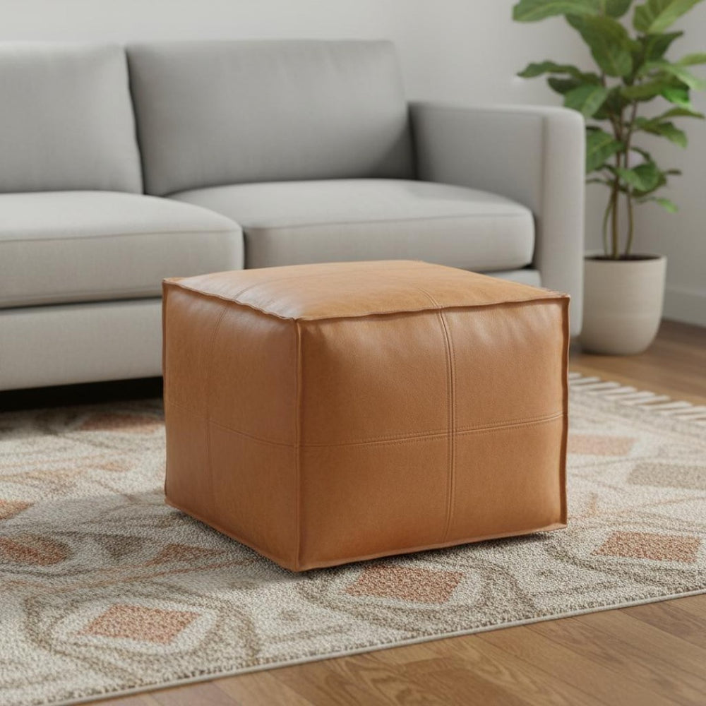 HomeRoots 18" Brown Faux Leather Pouf Ottoman - Stylish Multi-Functional Accent for Modern Living Spaces 638541