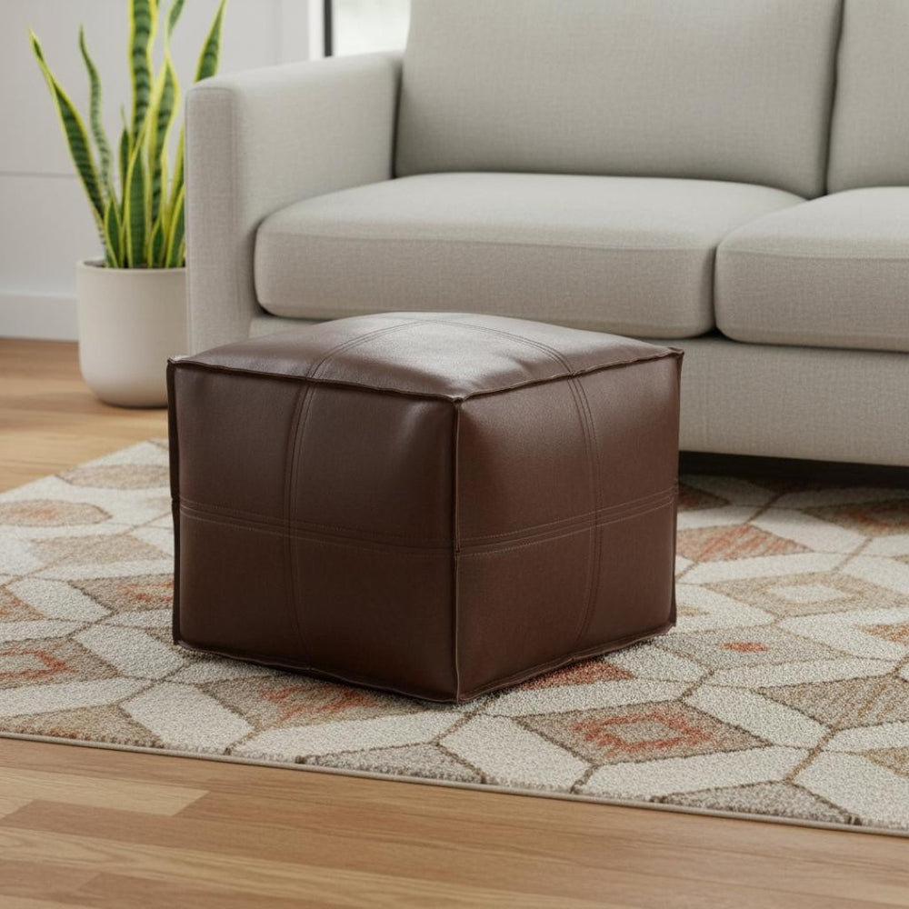 HomeRoots 18" Brown Faux Leather Pouf Ottoman - Versatile Accent for Modern Spaces, Footrest or Extra Seating 638543
