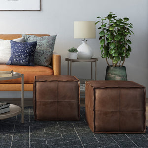 HomeRoots 18" Brown Faux Leather Pouf Ottoman - Versatile Accent for Modern Spaces, Footrest or Extra Seating 638543