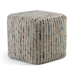 HomeRoots 18" Blue Wool Cube Pouf Ottoman - Stylish, Versatile Seating & Footrest for Modern Living Spaces 638547