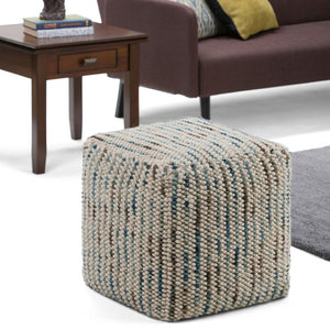 HomeRoots 18" Blue Wool Cube Pouf Ottoman - Stylish, Versatile Seating & Footrest for Modern Living Spaces 638547
