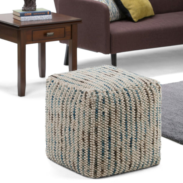 HomeRoots 18" Blue Wool Cube Pouf Ottoman - Stylish, Versatile Seating & Footrest for Modern Living Spaces 638547