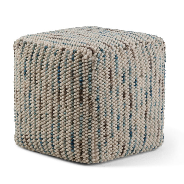 HomeRoots 18" Blue Wool Cube Pouf Ottoman - Stylish, Versatile Seating & Footrest for Modern Living Spaces 638547