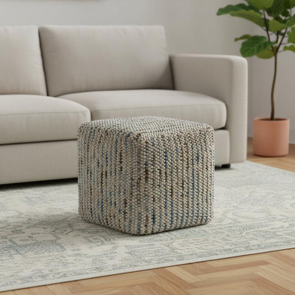 HomeRoots 18" Blue Wool Cube Pouf Ottoman - Stylish, Versatile Seating & Footrest for Modern Living Spaces 638547