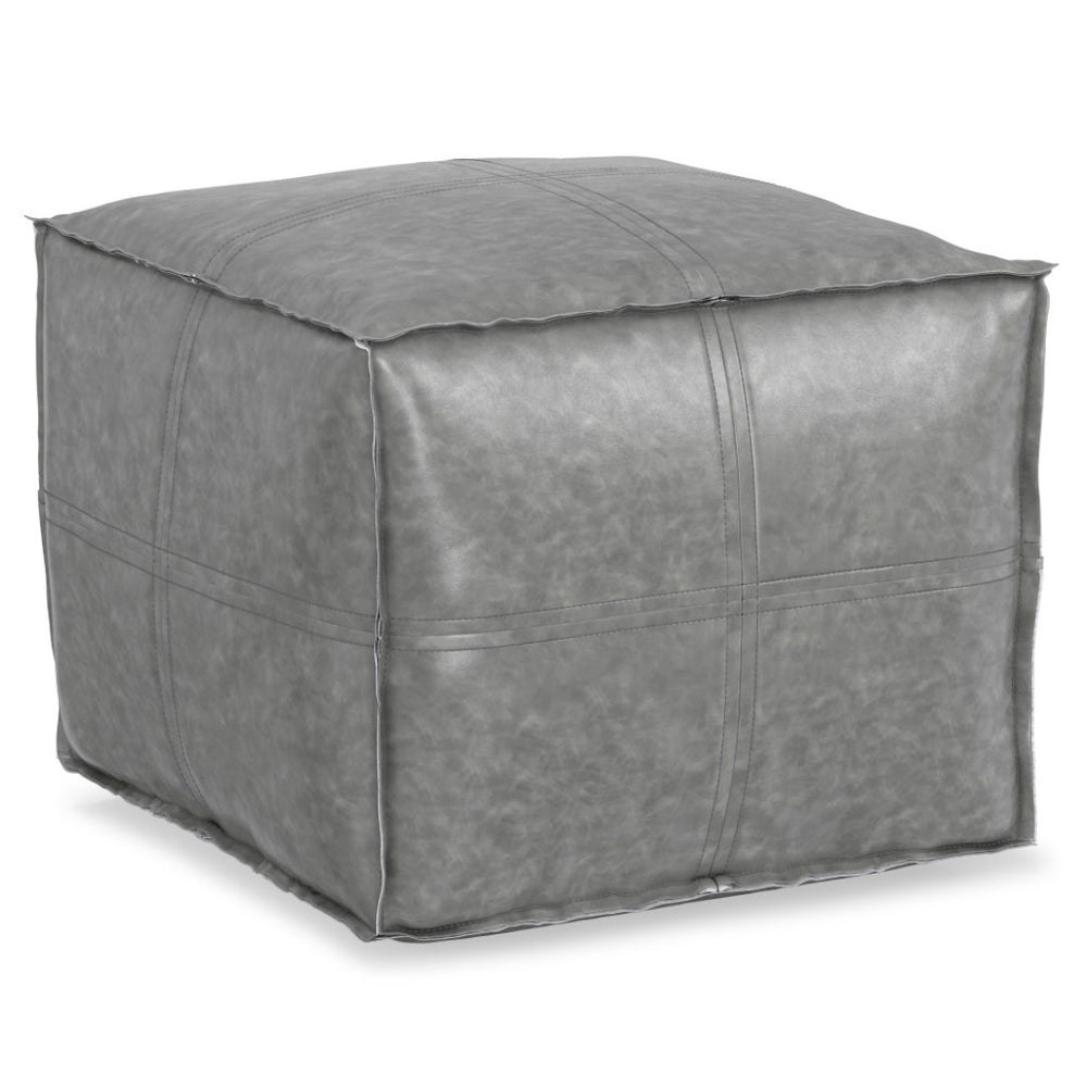 HomeRoots 18" Gray Faux Leather Pouf Ottoman - Modern Versatile Seating & Footrest for Stylish Small Spaces 638549