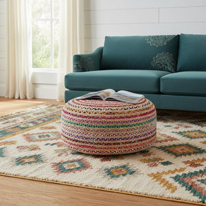 HomeRoots 30" Blue Jute Round Pouf Ottoman - Versatile Bohemian Seating, Stylish Footrest & Casual Table Top 638551