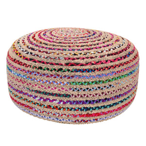 HomeRoots 30" Blue Jute Round Pouf Ottoman - Versatile Bohemian Seating, Stylish Footrest & Casual Table Top 638551