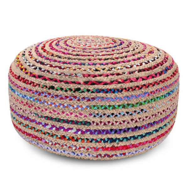 HomeRoots 30" Blue Jute Round Pouf Ottoman - Versatile Bohemian Seating, Stylish Footrest & Casual Table Top 638551