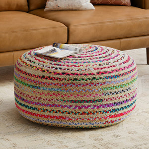 HomeRoots 30" Blue Jute Round Pouf Ottoman - Versatile Bohemian Seating, Stylish Footrest & Casual Table Top 638551
