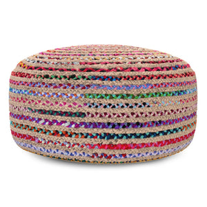 HomeRoots 30" Blue Jute Round Pouf Ottoman - Versatile Bohemian Seating, Stylish Footrest & Casual Table Top 638551