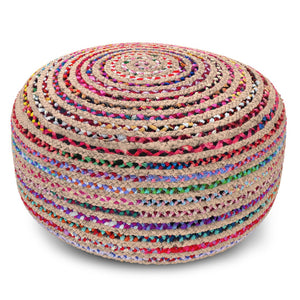HomeRoots 30" Blue Jute Round Pouf Ottoman - Versatile Bohemian Seating, Stylish Footrest & Casual Table Top 638551