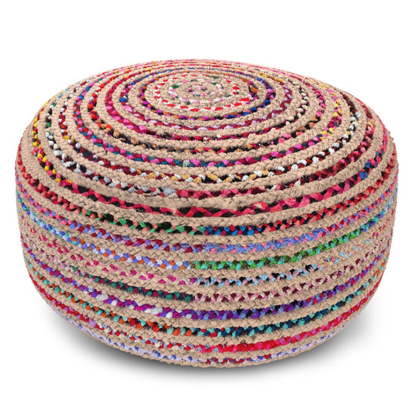 HomeRoots 30" Blue Jute Round Pouf Ottoman - Versatile Bohemian Seating, Stylish Footrest & Casual Table Top 638551
