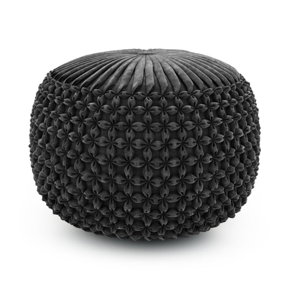 HomeRoots 20" Gray Velvet Round Pouf Ottoman - Versatile Chic Seating & Footrest for Modern Home Décor Elegance 638564