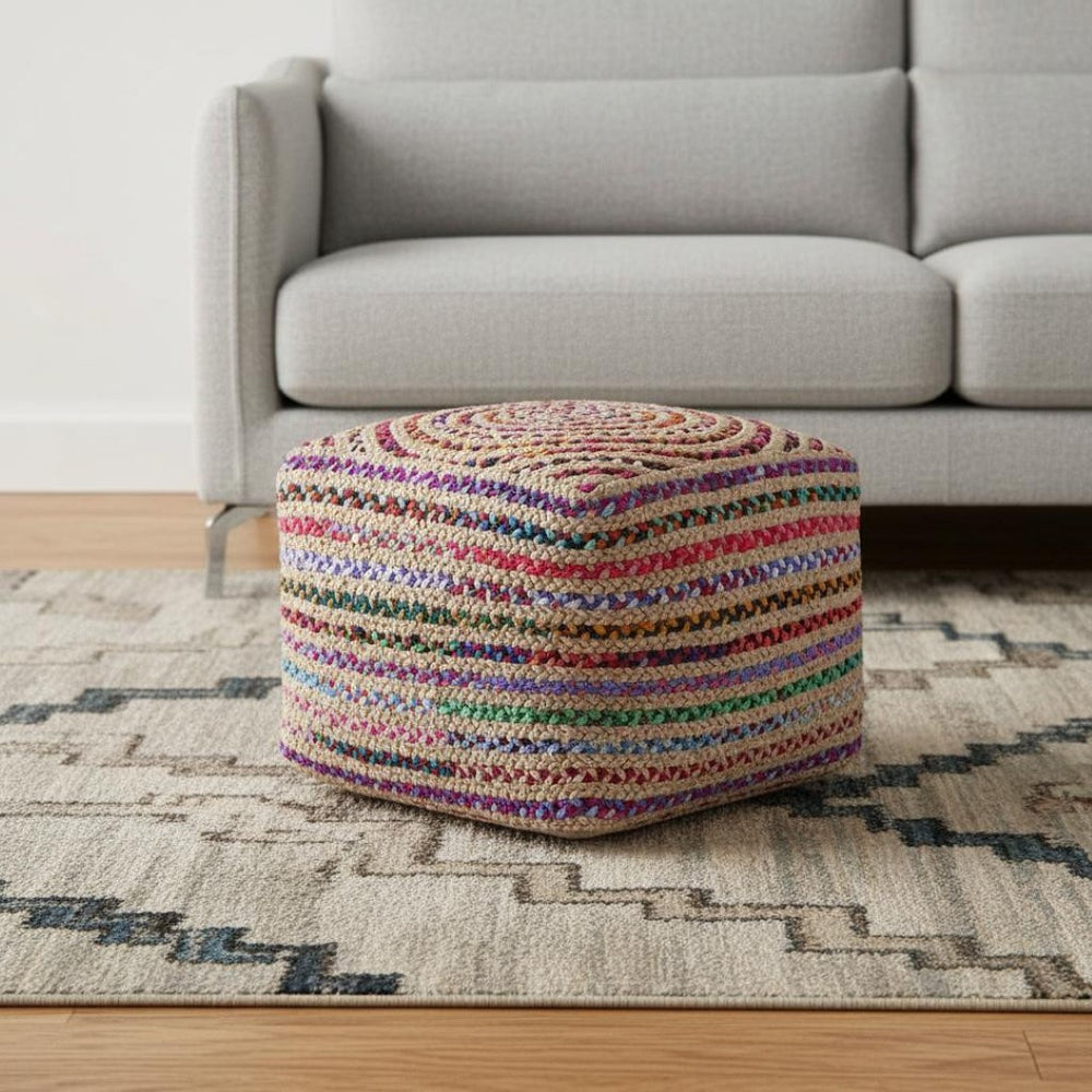 HomeRoots 20" Blue Jute Pouf Ottoman - Versatile Footrest, Extra Seat & Accent Piece for Modern Living Spaces 638565
