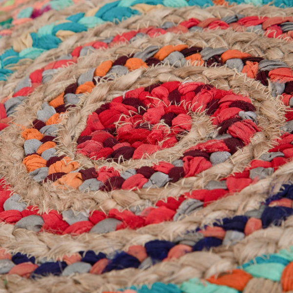 HomeRoots 20" Blue Jute Round Pouf Ottoman - Versatile Bohemian Seating, Footrest & Table for Any Room Decor 638566