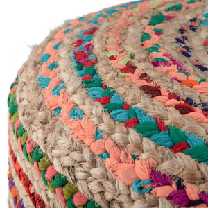 HomeRoots 20" Blue Jute Round Pouf Ottoman - Versatile Bohemian Seating, Footrest & Table for Any Room Decor 638566