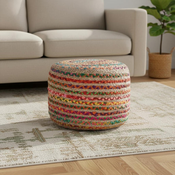 HomeRoots 20" Blue Jute Round Pouf Ottoman - Versatile Bohemian Seating, Footrest & Table for Any Room Decor 638566
