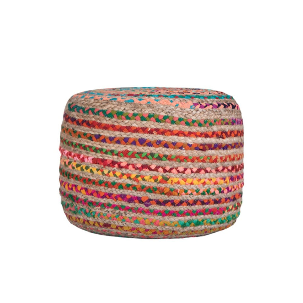 HomeRoots 20" Blue Jute Round Pouf Ottoman - Versatile Bohemian Seating, Footrest & Table for Any Room Decor 638566