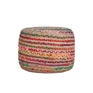 HomeRoots 20" Blue Jute Round Pouf Ottoman - Versatile Bohemian Seating, Footrest & Table for Any Room Decor 638566