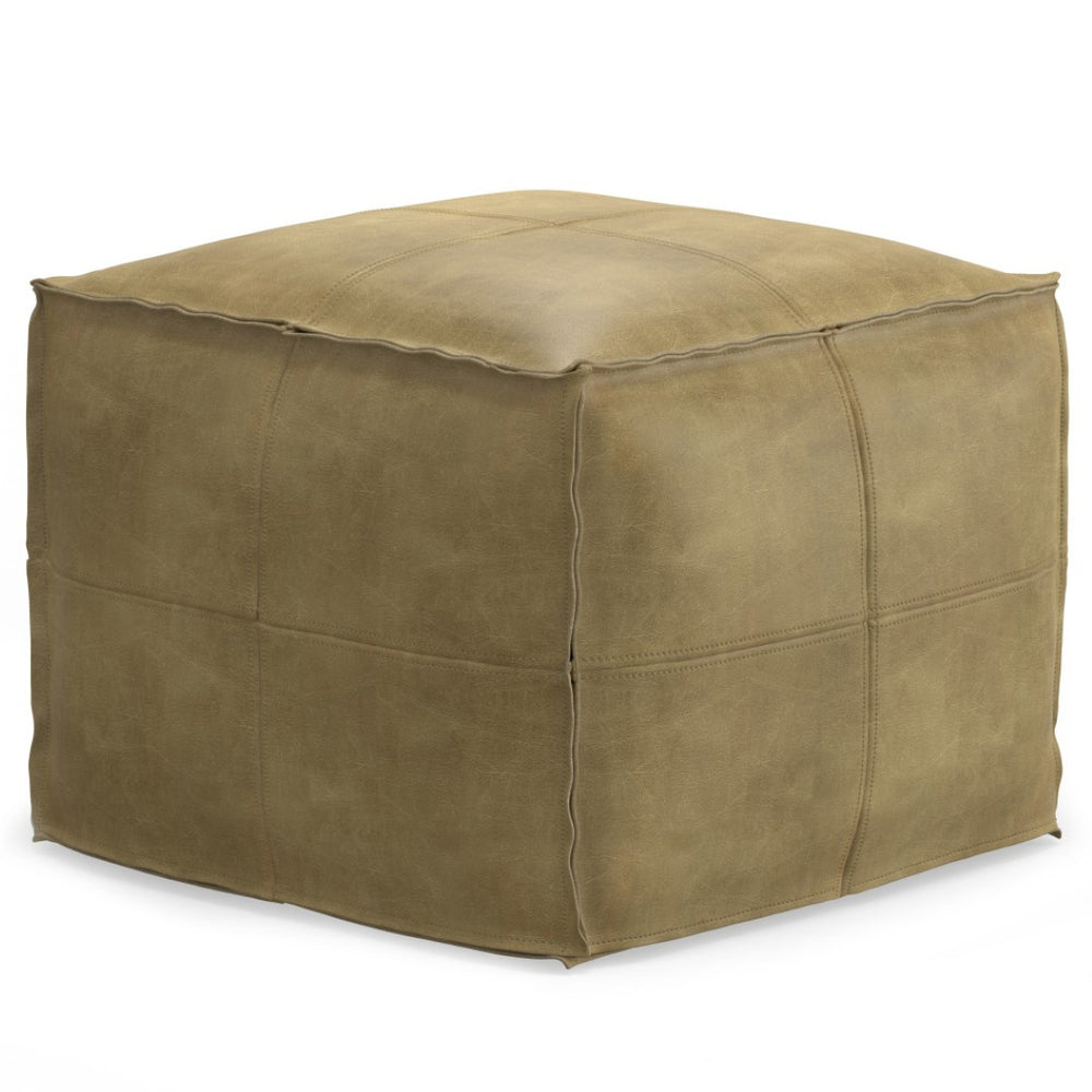 HomeRoots 18" Brown Leather Pouf Ottoman - Versatile Accent for Seating, Footrest, or Table in Any Room 638569