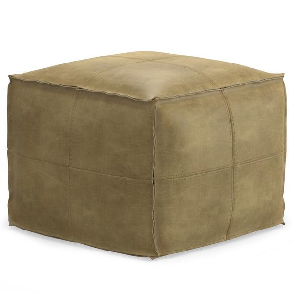 HomeRoots 18" Brown Leather Pouf Ottoman - Versatile Accent for Seating, Footrest, or Table in Any Room 638569