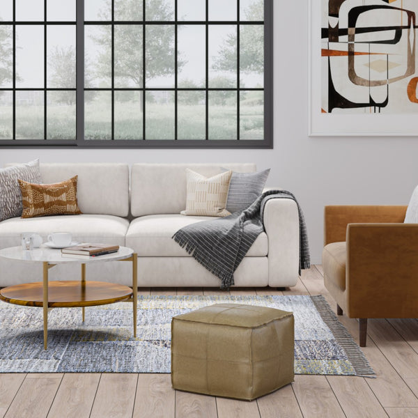 HomeRoots 18" Brown Leather Pouf Ottoman - Versatile Accent for Seating, Footrest, or Table in Any Room 638569