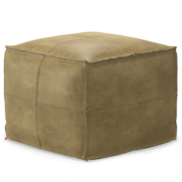 HomeRoots 18" Brown Leather Pouf Ottoman - Versatile Accent for Seating, Footrest, or Table in Any Room 638569