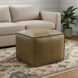 HomeRoots 18" Brown Leather Pouf Ottoman - Versatile Accent for Seating, Footrest, or Table in Any Room 638569