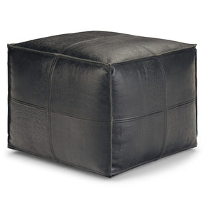 HomeRoots 18" Black Leather Pouf Ottoman - Stylish Modern Footrest & Versatile Seating for Chic Spaces 638570
