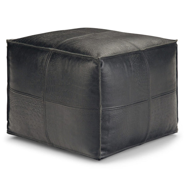 HomeRoots 18" Black Leather Pouf Ottoman - Stylish Modern Footrest & Versatile Seating for Chic Spaces 638570