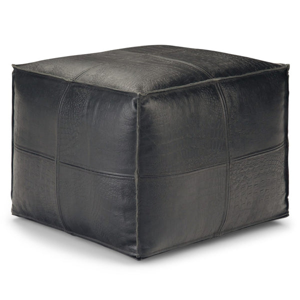 HomeRoots 18" Black Leather Pouf Ottoman - Stylish Modern Footrest & Versatile Seating for Chic Spaces 638570