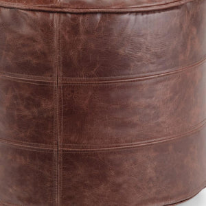 HomeRoots 18" Brown Leather Round Pouf Ottoman - Stylish Footrest & Extra Seating for Modern Home Décor 638571