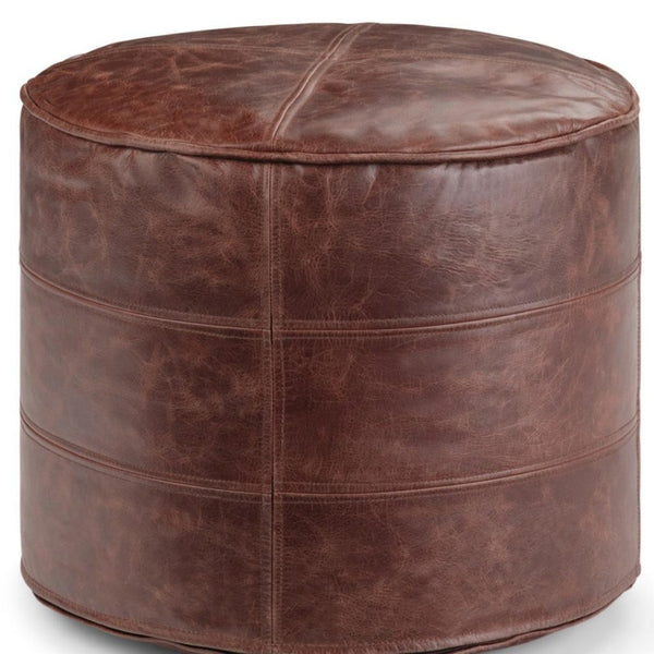 HomeRoots 18" Brown Leather Round Pouf Ottoman - Stylish Footrest & Extra Seating for Modern Home Décor 638571