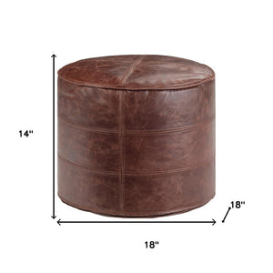 HomeRoots 18" Brown Leather Round Pouf Ottoman - Stylish Footrest & Extra Seating for Modern Home Décor 638571
