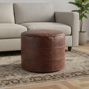 HomeRoots 18" Brown Leather Round Pouf Ottoman - Stylish Footrest & Extra Seating for Modern Home Décor 638571