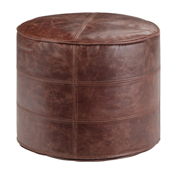 HomeRoots 18" Brown Leather Round Pouf Ottoman - Stylish Footrest & Extra Seating for Modern Home Décor 638571