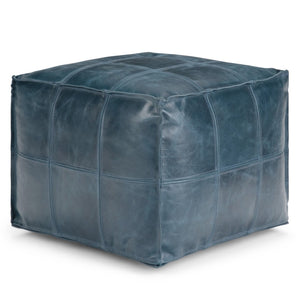 HomeRoots 18" Blue Leather Pouf Ottoman - Stylish Modern Accent, Versatile Footrest, Extra Seating & Chic Decor 638572