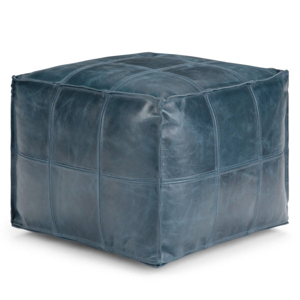 HomeRoots 18" Blue Leather Pouf Ottoman - Stylish Modern Accent, Versatile Footrest, Extra Seating & Chic Decor 638572