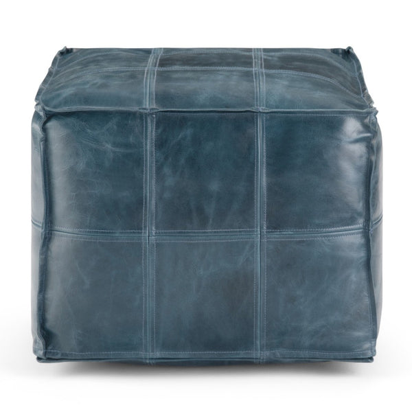 HomeRoots 18" Blue Leather Pouf Ottoman - Stylish Modern Accent, Versatile Footrest, Extra Seating & Chic Decor 638572