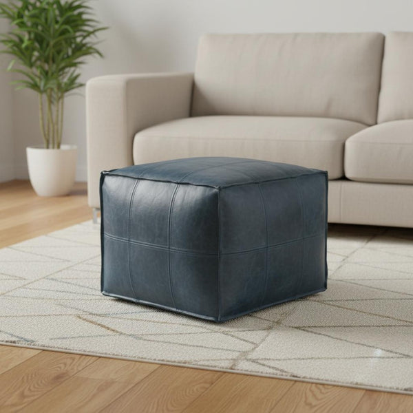 HomeRoots 18" Blue Leather Pouf Ottoman - Stylish Modern Accent, Versatile Footrest, Extra Seating & Chic Decor 638572