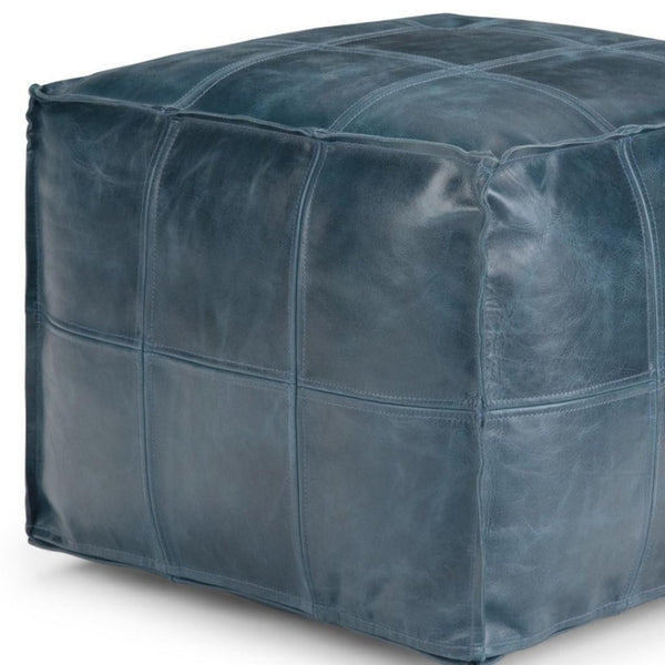 HomeRoots 18" Blue Leather Pouf Ottoman - Stylish Modern Accent, Versatile Footrest, Extra Seating & Chic Decor 638572