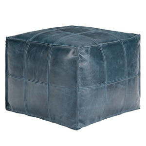 HomeRoots 18" Blue Leather Pouf Ottoman - Stylish Modern Accent, Versatile Footrest, Extra Seating & Chic Decor 638572