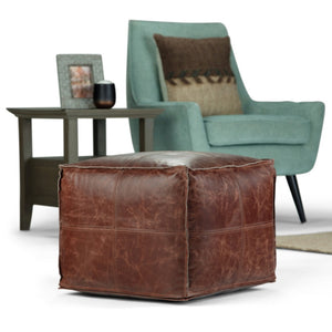 HomeRoots 18" Brown Leather Pouf Ottoman - Versatile Modern-Bohemian Accent, Footrest & Extra Seating Solution 638573