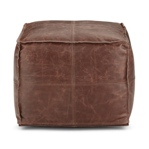 HomeRoots 18" Brown Leather Pouf Ottoman - Versatile Modern-Bohemian Accent, Footrest & Extra Seating Solution 638573