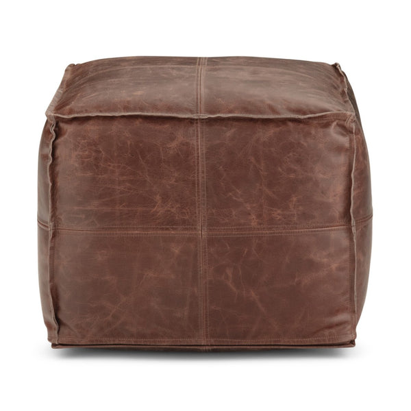 HomeRoots 18" Brown Leather Pouf Ottoman - Versatile Modern-Bohemian Accent, Footrest & Extra Seating Solution 638573